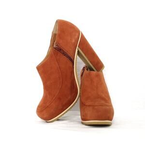 Adolfo Dominguez Cognac Suede Chunky Heel Ankle Bootie Size 8.5 Zip Up Style